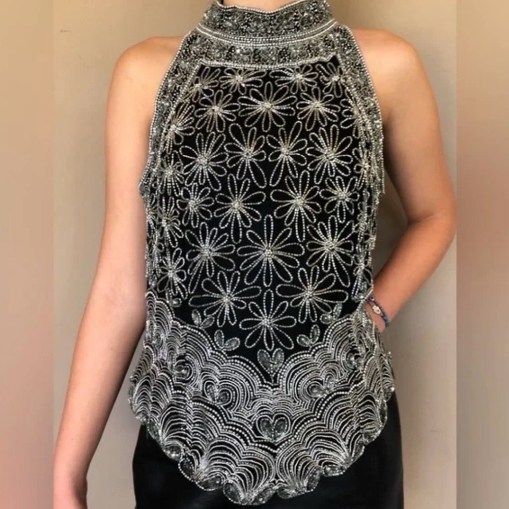 vintage Papell boutique Beaded Silk Sleeveless Blouse  silk Scallop Hem  size S